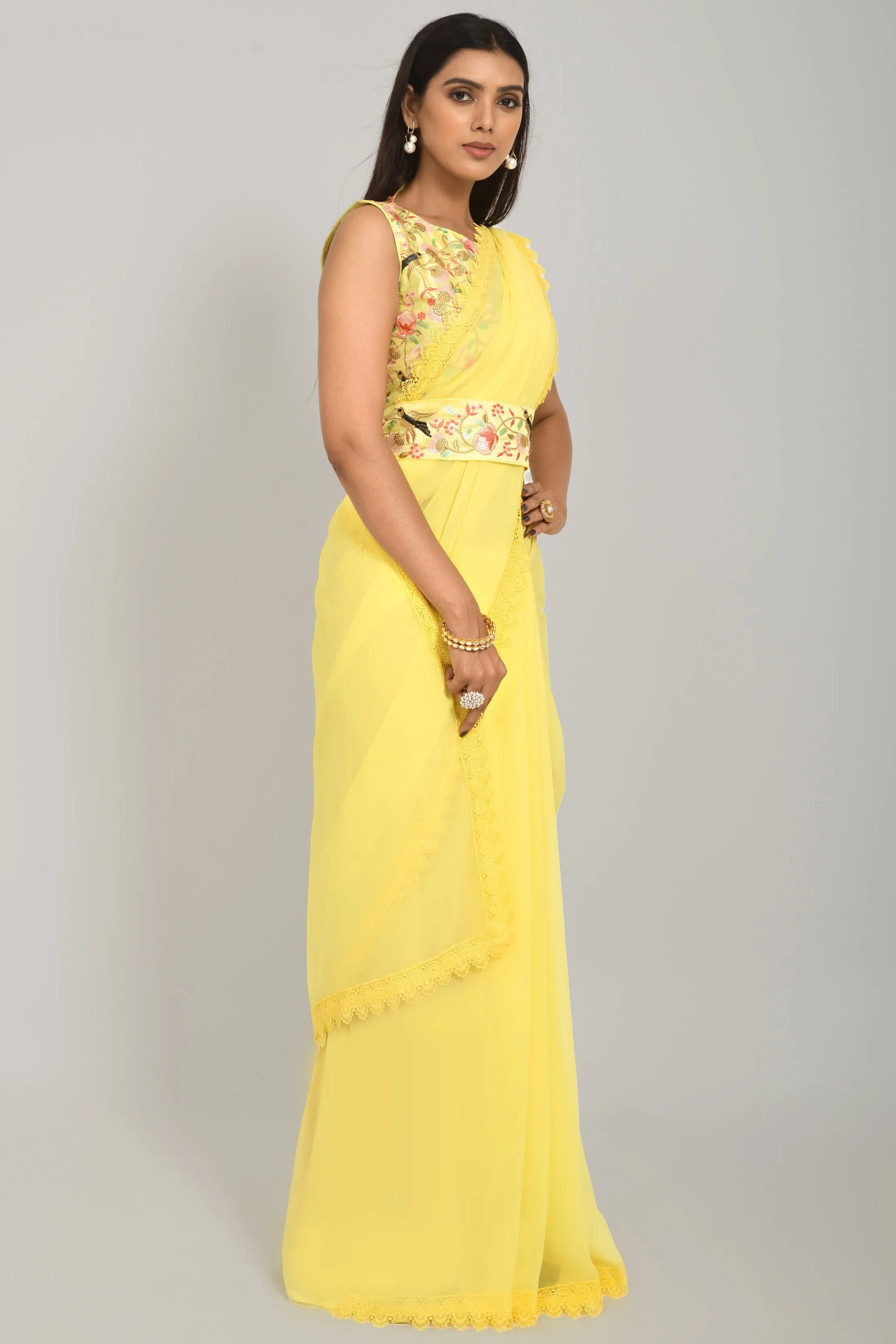 Women Party Wear Designer Yellow Colour Georgette Silk Fabric Sequence Embroidery Worked Saree Collection