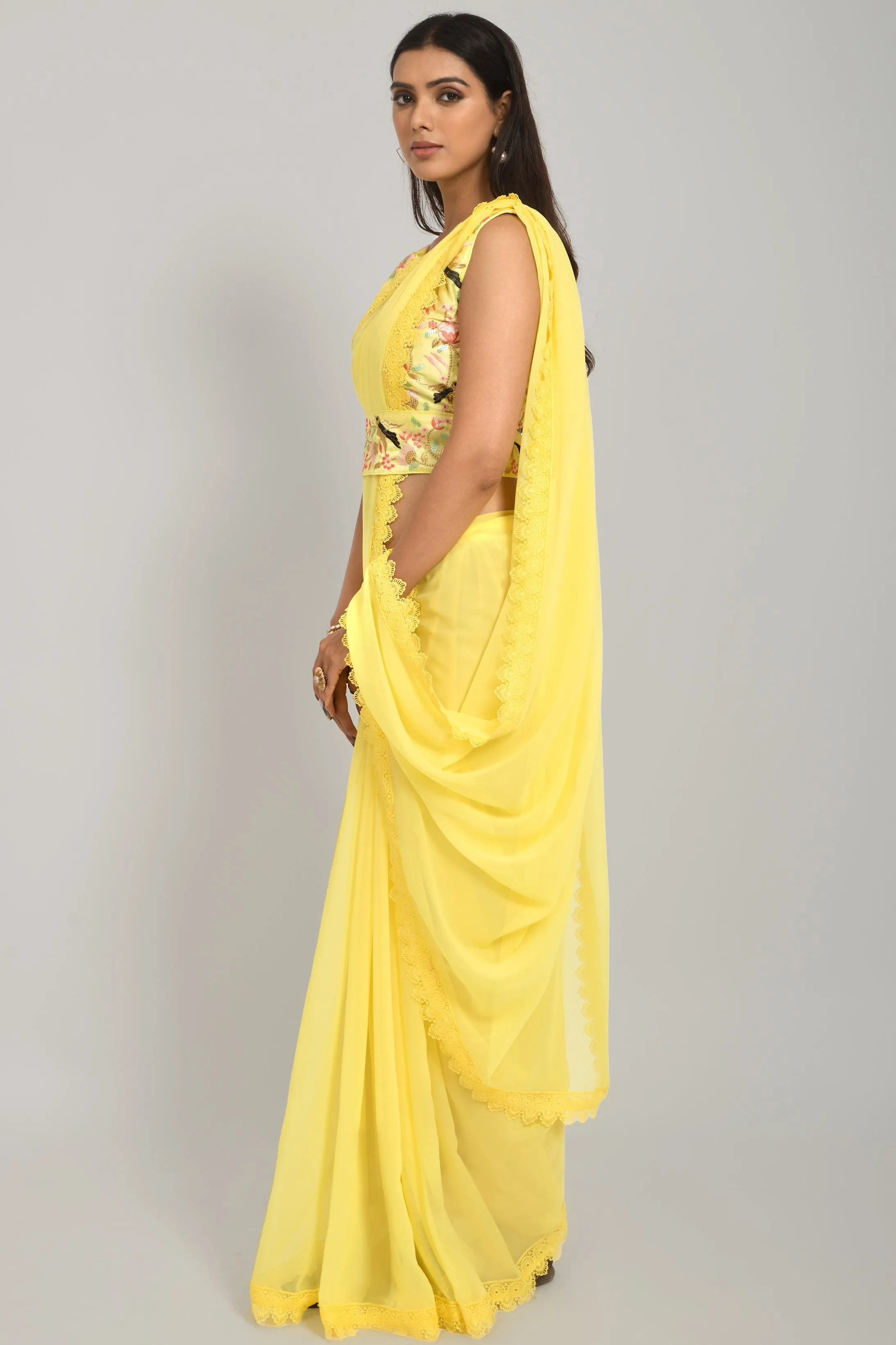 Women Party Wear Designer Yellow Colour Georgette Silk Fabric Sequence Embroidery Worked Saree Collection