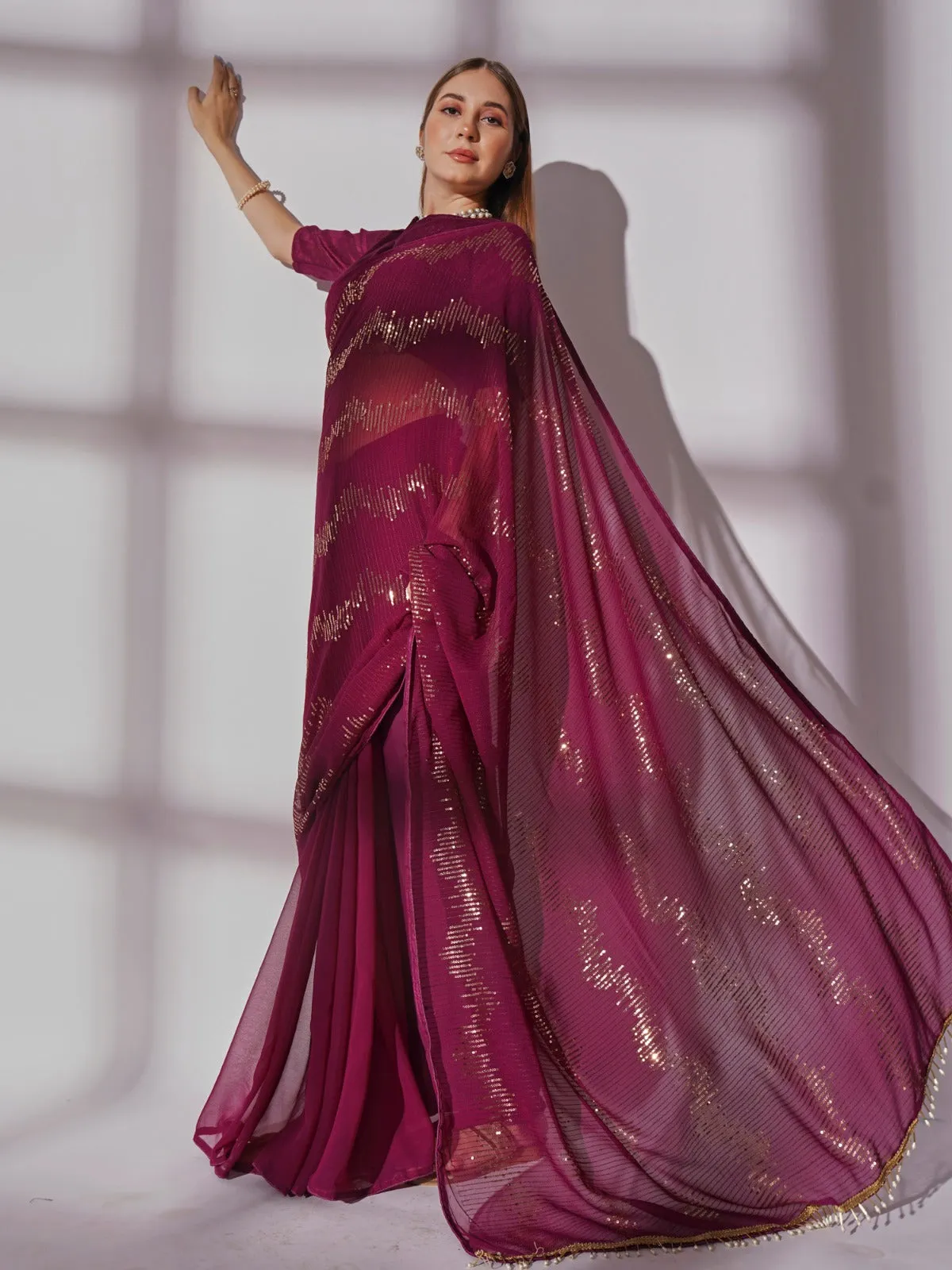 Women Party Wear Sequence Worked Saree with Un Stitched Blouse