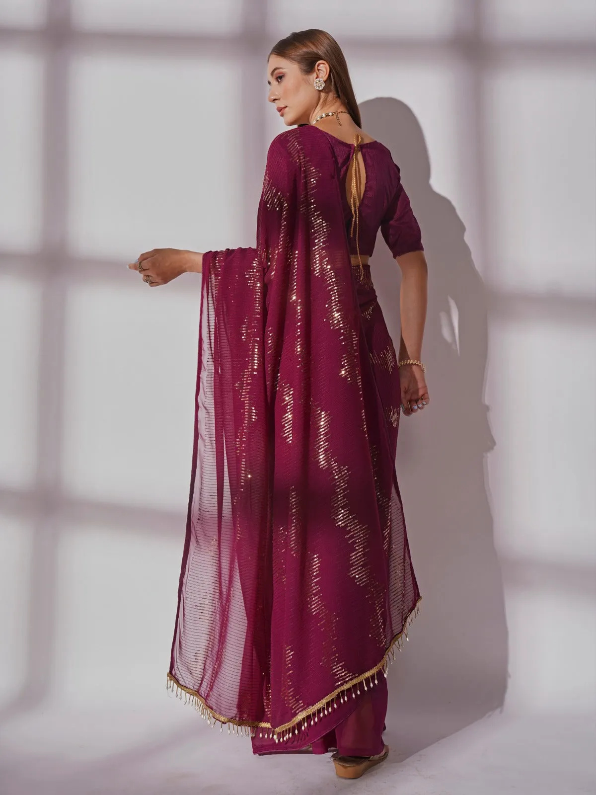 Women Party Wear Sequence Worked Saree with Un Stitched Blouse